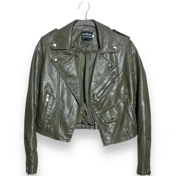Flamant Rose Olive Green Cropped Silver Hardware Details Faux Leather Jacket - Picture 11 of 16